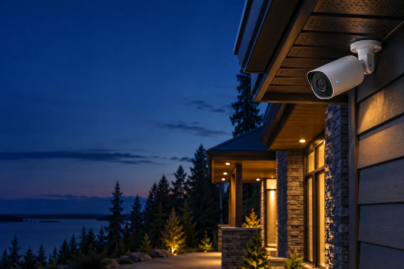 Security camera overlooking a home at dusk